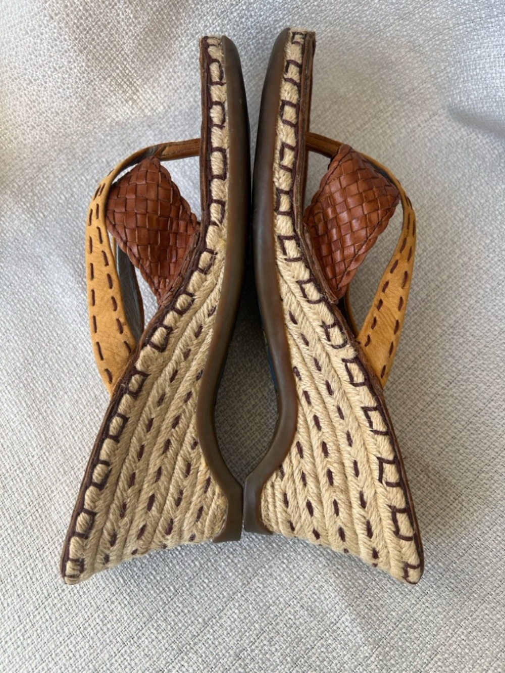 Woven Leather Wedge Sandals in Brown and Tan
